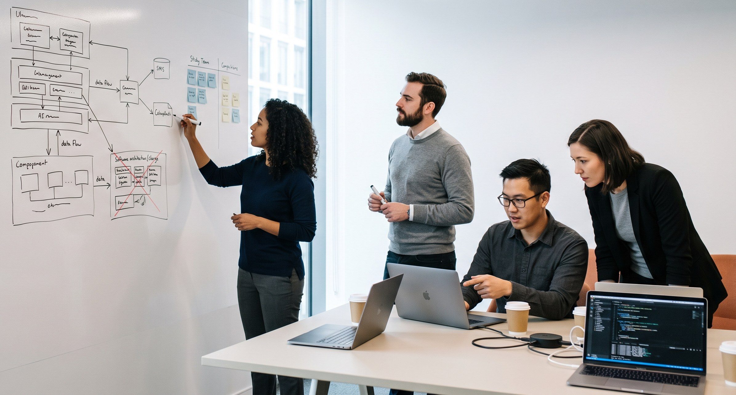 Bruviti engineers sketching an AI architecture on a whiteboard