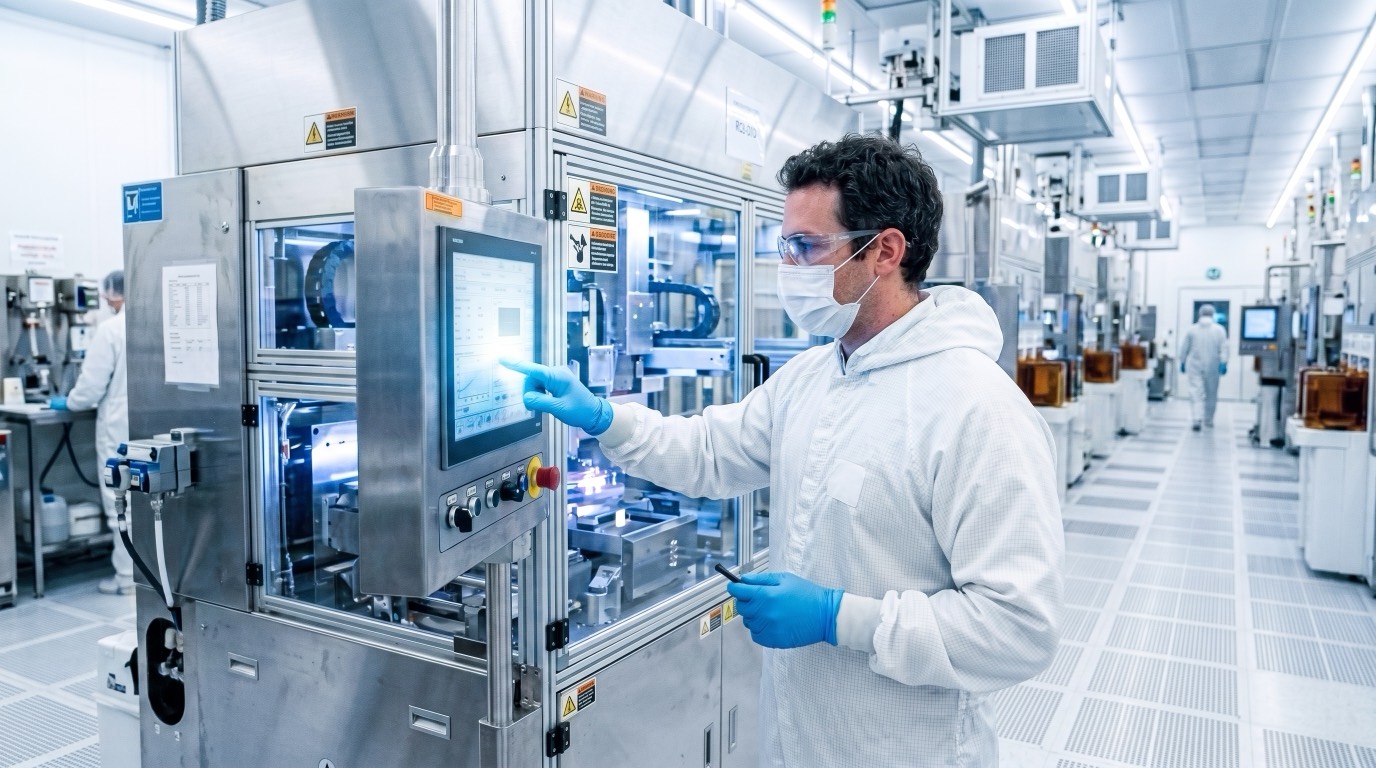 A technician in cleanroom coveralls operating a semiconductor process tool on a fab floor